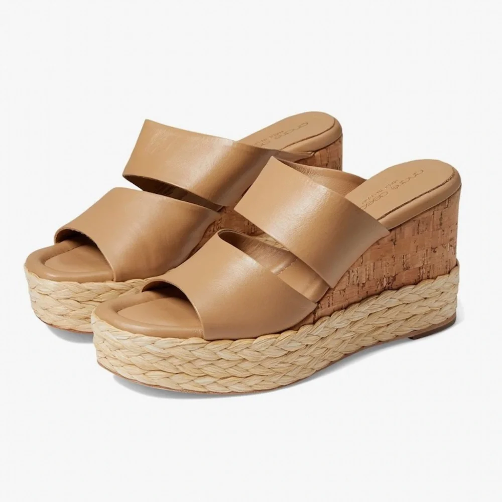 André Assous Pilar Leather Platform Wedge Sandal in Tan Sz. 39 (7 US)